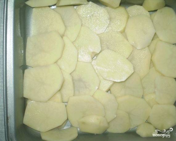2. Очистите сырую картошку. Нарежьте её тонкими кружками. Смажьте форму для запекания маслом. Выложите в неё аккуратными рядами картофель.