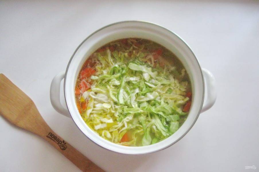 Добавьте нарезанную капусту. Посолите и поперчите суп по вкусу.