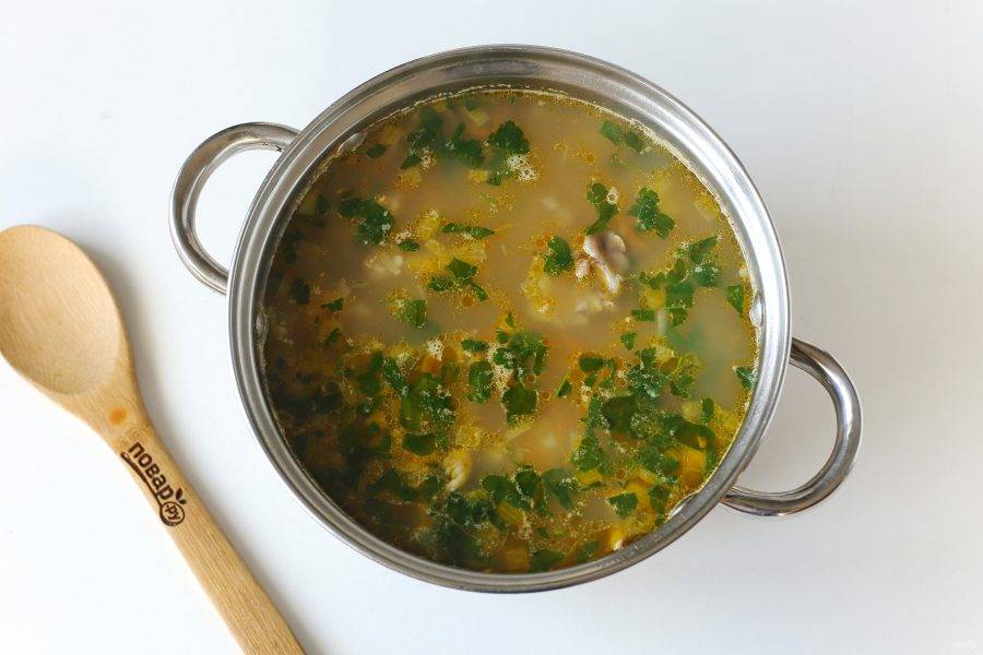 В конце отрегулируйте суп на соль и добавьте свежую зелень. Суп из кролика с гречкой готов.