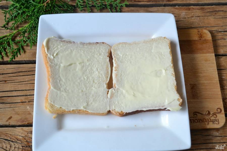 На плоскую тарелку положите два ломтика хлеба. Смажьте их майонезом.