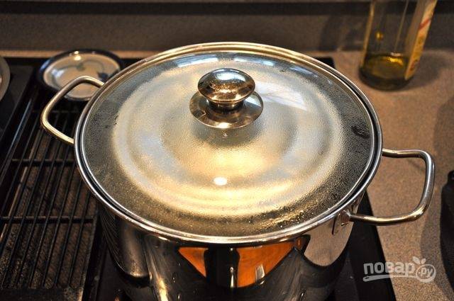Накройте форму крышкой или тарелкой, поставьте на водяную баню. Томите пирог 6 часов на медленном огне.