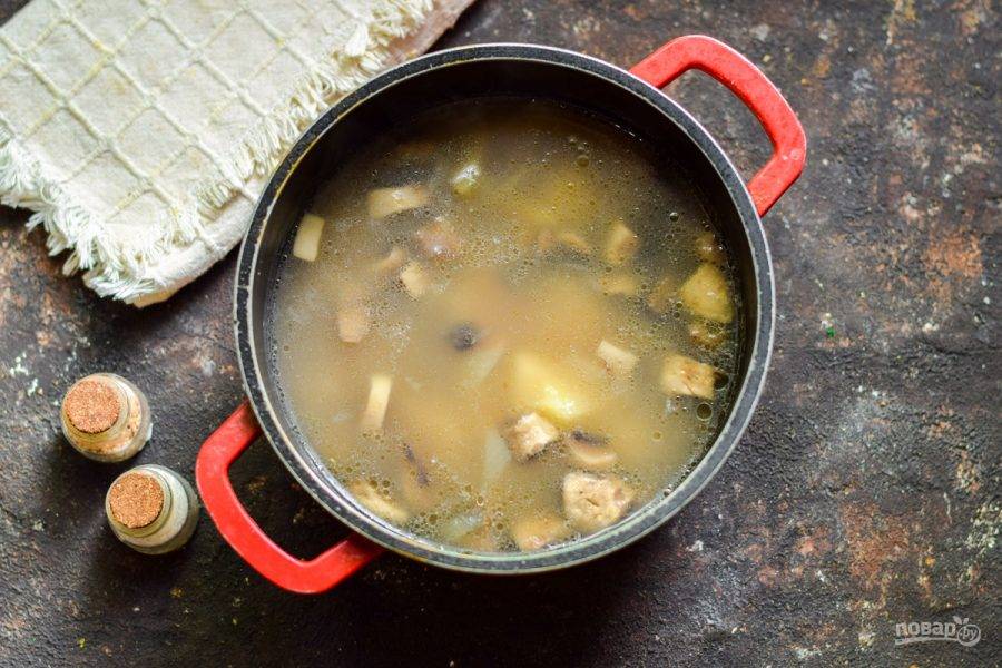 Переложите грибы со сковороды в кастрюлю, добавьте щепотку сухих молотых грибов, соль и перец, сухой чеснок. Варите суп еще 10 минут.