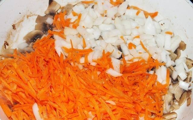 Грибы и лук нарезать на мелкие кусочки, морковь натереть на терке. Обжарить на растительном масле до готовности. Посолить и поперчить.