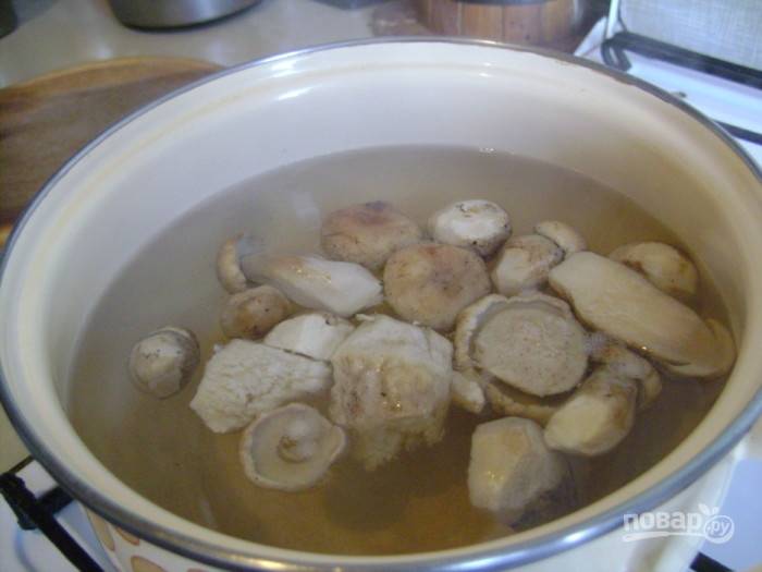 Воду доведите до кипения. Потом добавьте в неё грибы. Варите их в течение 20 минут на медленном огне.