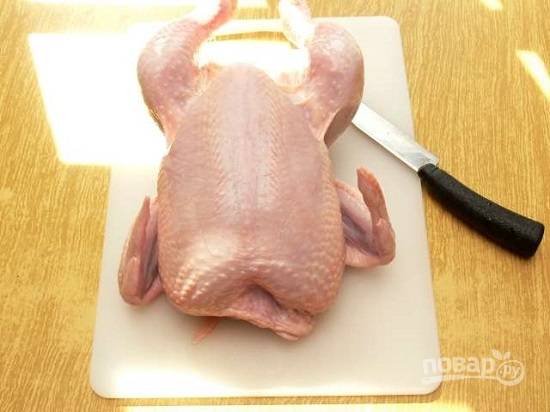 Цыпленка или бройлерную небольшую курицу тщательно очистим, помоем и обсушим.