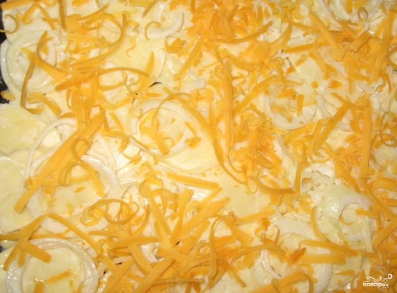 Противень смазываем тонким слоем масла и выкладываем на него картофель. Затем слой лука и сыра. 