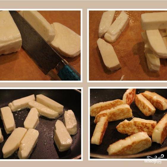Козий сыр нарезаем дольками и обжариваем на сковороде без масла буквально 1 минуту - скорее даже подогреваем, чем обжариваем.