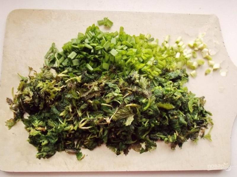 5. Нарежьте крапиву и зеленый лук (можно любую зелень по вкусу).