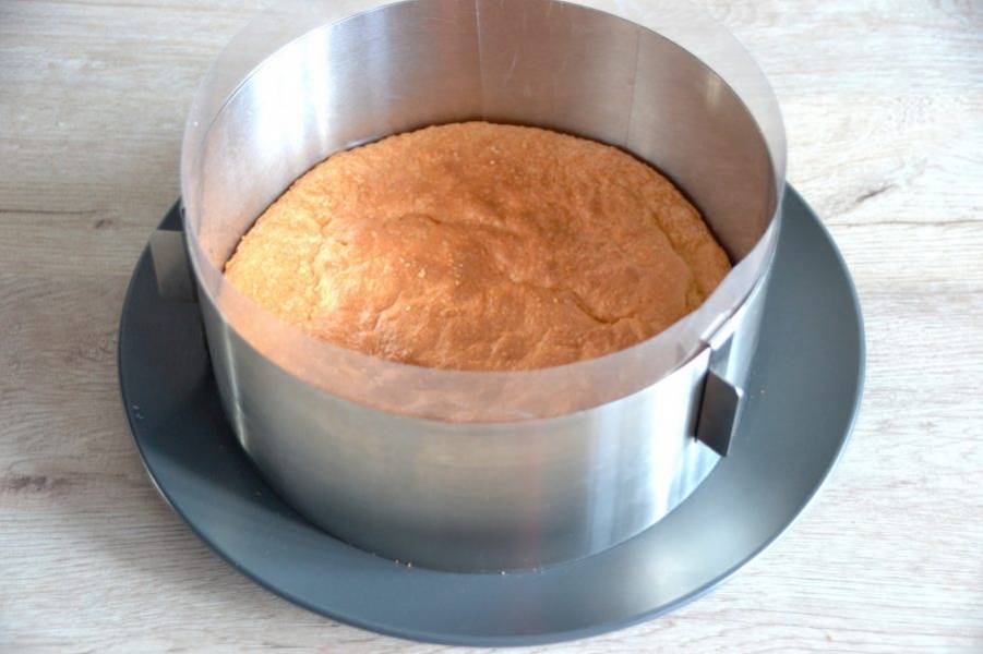 Снова выложите остывший бисквит в кондитерское кольцо, поместите на блюдо, проложите бока формы ацетатной лентой. 