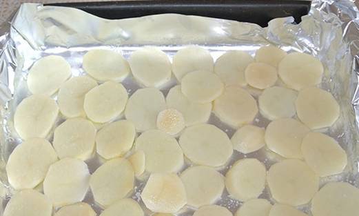 Картофель очищаем и нарезаем тонкими колечками. Смазываем противень растительным маслом, выкладываем половину картофеля и солим его.
