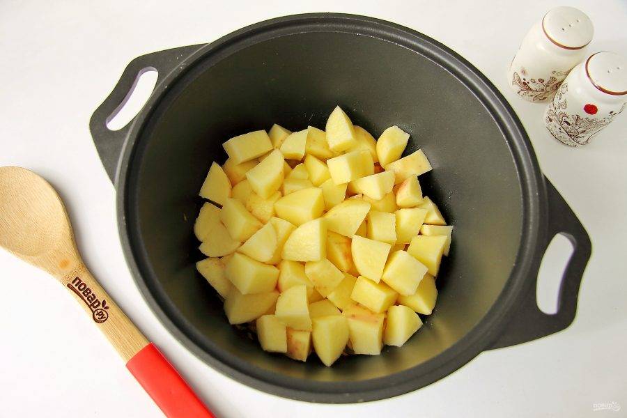 Добавьте нарезанный кубиками картофель.