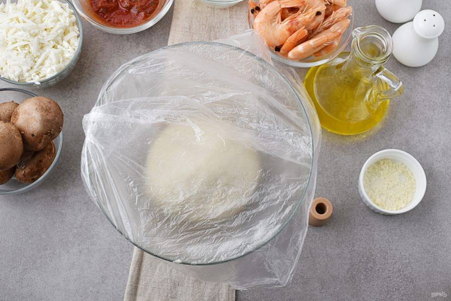 Вымешанное тесто слегка смажьте маслом, верните в миску и накройте пленкой. Уберите в теплое место на час.