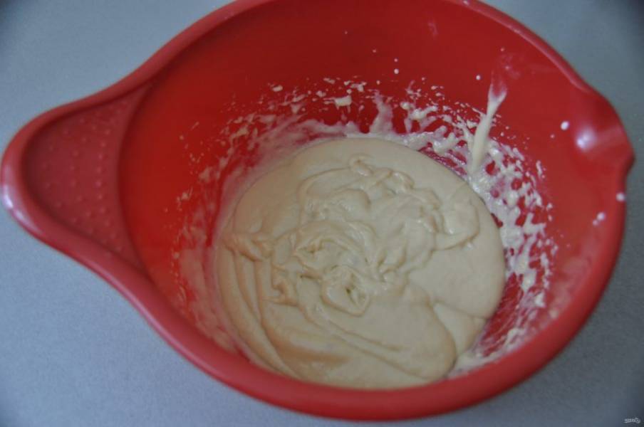 Консистенция теста - густая сметана, накройте тесто салфеткой и поставьте на расстойку в теплое место на 1 час.