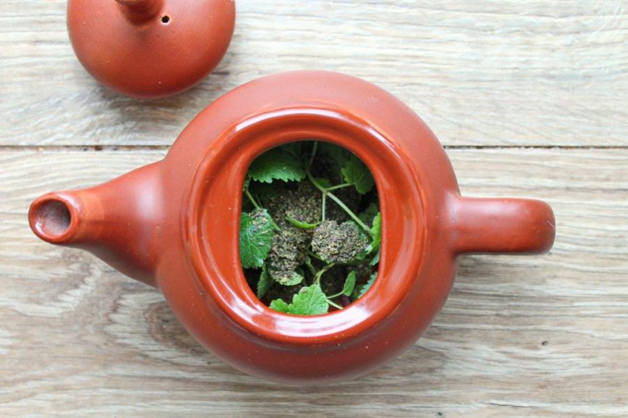 Всыпьте в чайник с мятой и мелиссой зеленый чай.