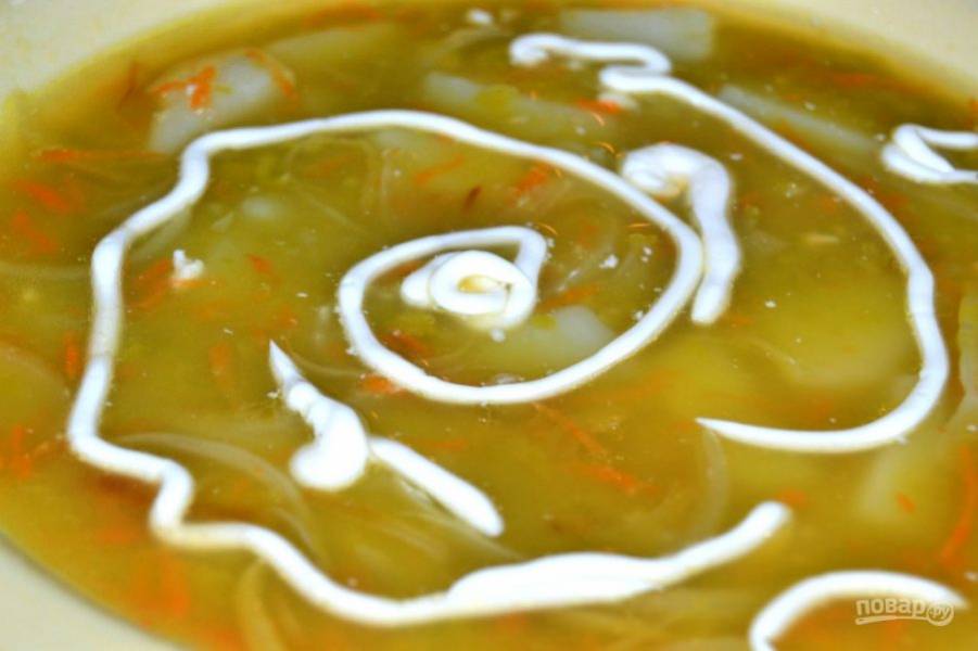 10.	Промойте петрушку и крупно нарежьте, украсьте суп петрушкой и сметаной, подавайте к столу.