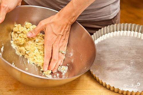 Затем тесто замешиваем руками и выкладываем его в форму для выпекания пирога.