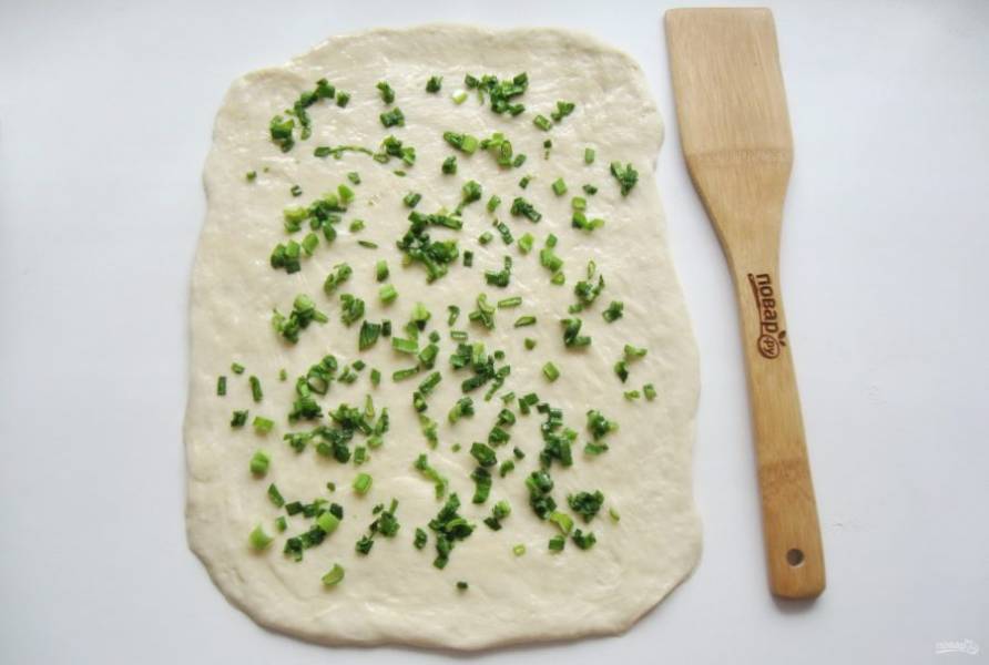 Зеленый лук мелко нарежьте и выложите на тесто.