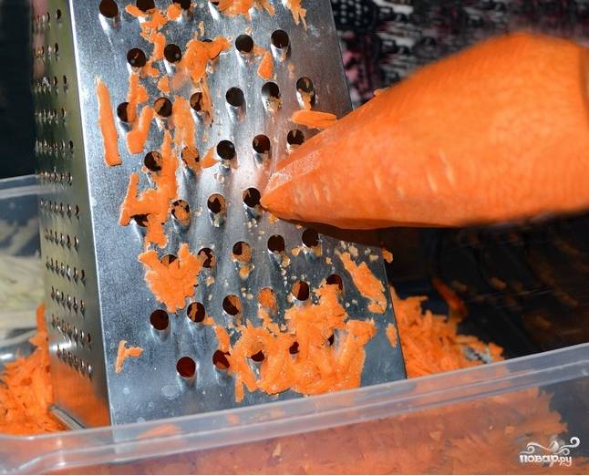 Чистим морковь. Обычно морковь я тру на железной терке под проточной водой. Но нам нужна полная стерильность. Поэтому использую я картофелечистку. Тру морковь на крупной терке.