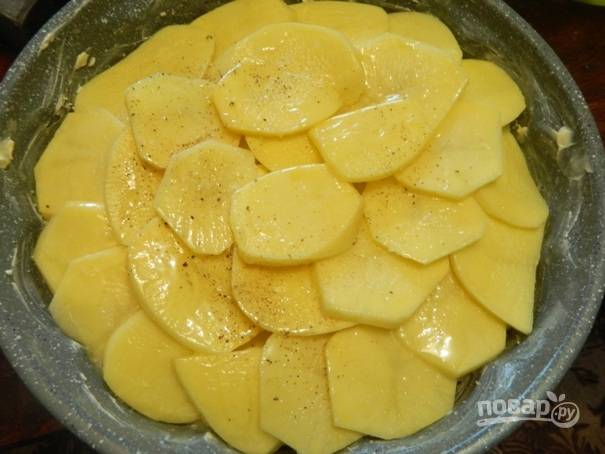 6. Каждый картофельный слой солим, перчим по вкусу и смазываем растопленным маслом. Отправляем форму в духовку, разогретую до 180 градусов на 1 час.
