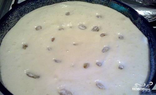 В массу добавляем промытый изюм. Выливаем получившееся тесто в формочку, посыпанную сухарями для панировки.