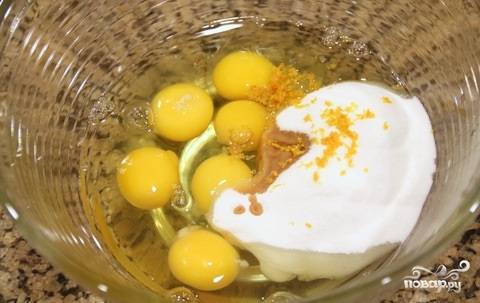 1. В глубокую мисочку вбейте яйца. Добавьте сахар, цедру лимона и ванильный экстракт для аромата. 