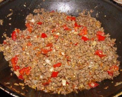 Мелко нарежьте лук и обжарьте на сковороде, добавьте фарш, измельченные помидоры и чеснок, соль и перец по вкусу. Все перемешайте и тушите под крышкой 10 минут.