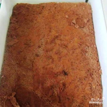 Накрываем вишни коричневым бисквитом. Помещаем тортик под не слишком тяжелый груз и отправляем в холодильник на 2 часа.