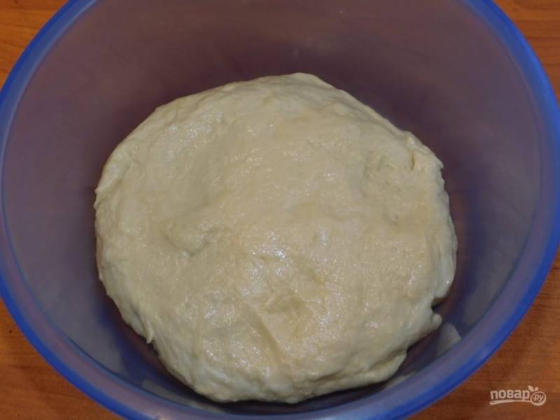 Затем добавьте яйцо, соль, сахар и растительное масло. Перемешайте. Подсыпайте муку и замешивайте тесто. Готовому тесту дайте подойти в тепле в течение часа.
