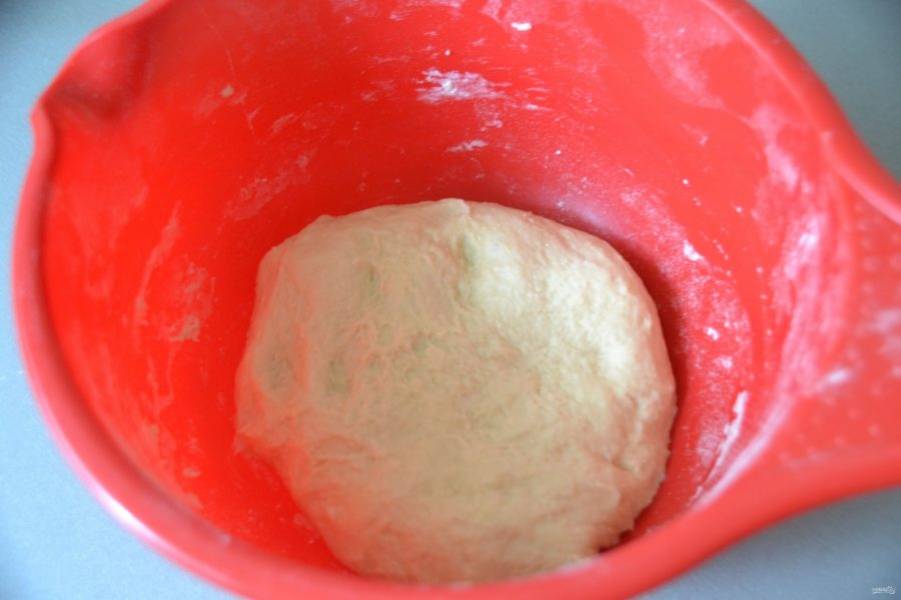Миксером или руками заместите мягкое, эластичное тесто. Вымешивать следует достаточно долго, миксером минут 5-7, чтобы хорошо развить клейковину. Накройте тесто пленкой и поставьте для брожения на 1,5 часа.