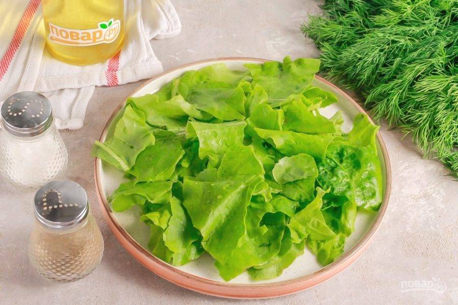 Промойте листья салата и оборвите стебли. Стряхните лишнюю влагу и нарвите салатные листья на тарелку или блюдо.