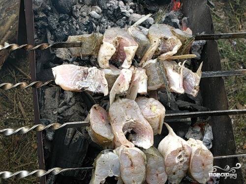 Нанизать кусочки рыбы на шампуры и запекать на углях до готовности. 