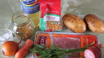 Рецепт Суп с горохом и копченой колбасой