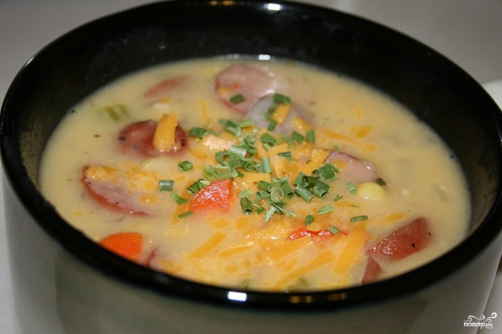 Рецепт Сырный суп с копченой колбасой