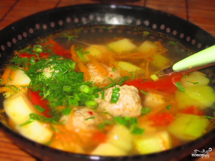 Рецепт Суп с фрикадельками из фарша и колбасы