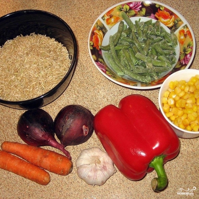 Рецепт Коричневый рис с овощами
