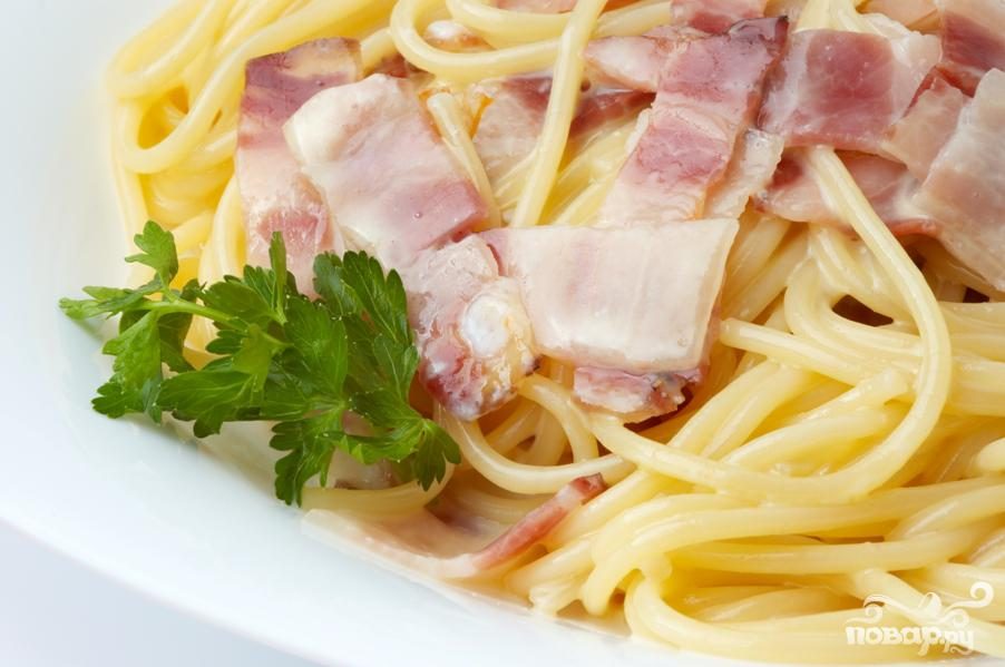 Рецепт Спагетти с беконом и грибами
